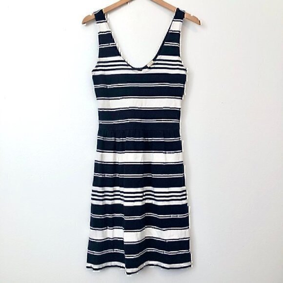 J. CREW Villa Dress Navy Blue Cream Ivory Striped Sleeveless Fit Flare Cotton XS - Picture 2 of 12